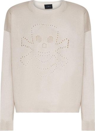 John Richmond Katoenen tricot met openwork schedelmotief - Heren - Ronde hals truien - Beige - 2XL - Katoen - Truien & Vesten