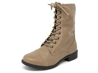 Forever Link Womens Round Toe Military Lace up Knit Ankle Cuff Low Heel Combat Boots, Taupe, 4 UK