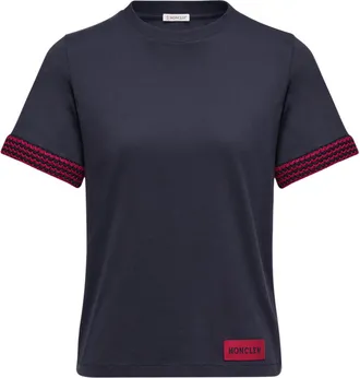 Moncler Moncler Crochet-trimmed Cotton Logo T-shirt, Women, Blue, Size: Xl
