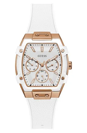 Guess Phoenix Tonneau Multifunction Silicone Strap Watch, 44mm x 51mm in White at Nordstrom