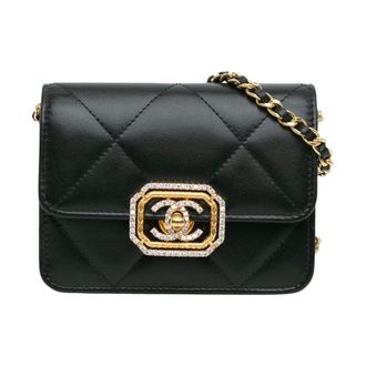 Chanel Pre-owned Quilted Calfskin Strass Card Holder On Chain - Dames - Pre-owned - Zwart - Maat: ONE Size Leer