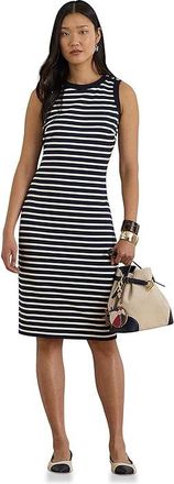 Lauren Ralph Lauren Striped Snap-Trim Ponte Sheath Dress Womens Dress Refined Navy/Mascarpone Cream : 10, Elastane/Polyester/Viscose