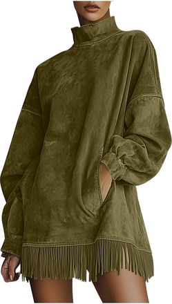 Generic Suede Tassel Mini Dress for Women UK Vintage Long Sleeve High-Neck Dresses with Pockets Ladies Fringe Hem Loose Fit Short Dresses Tunic A-Line Baggy C