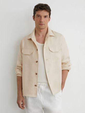 Reiss Stone Linen Herringbone-stripe Regular-fit Shirt, Xxl