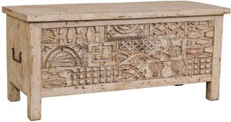 Wanderlust Deco Ba&uacute;l De Madera Tallado Artesanal Beige 100x40x46h Cm