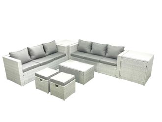 Fimous Garden Outdoor PE Rattan Furniture Set 8 Seater Rattan Garden Sofa Set with 2 Small Footstool 2 Side Tables Light Grey Mixed
