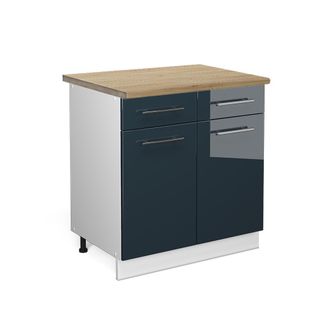 Vicco Mueble Bajo De Cocina Fame-line, Azul Oscuro Alto Brillo, 80 Cm, Et Roble