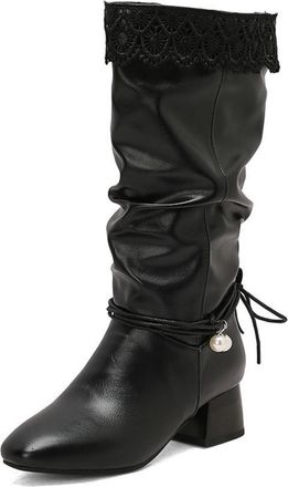 Generic Womens Square Toe Vintage Dress Boots Pull on Mid-Calf Boots Mid Block Heel Long Boot with Pearl,Black1,9.5 UK