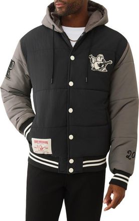 True Religion Varsity Hooded Puffer Jacket in Jet Black /Granite Grey at Nordstrom, Size Xxx-Large