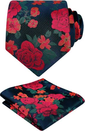 Alizeal Mens Floral Pattern Tie with Pocket Square Classic Casual for Party Wedding Necktie and Hanky Set, Navy+Red+Orange