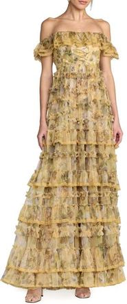 Mac Duggal Floral Print Off-the-Shoulder Ruffle Tiered Mesh Gown in Buttercream at Nordstrom, Size 12