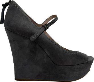 Miu Miu Pre-owned Womens Miu Miu Mary Jane Peep-Toe Wedge Pumps in Grey Suede - Size 38.5 EU/IT