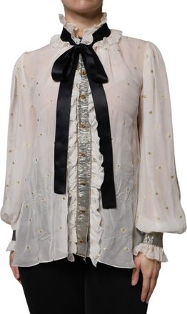 Dolce & Gabbana Off White Silk Blend Ascot Collar Blouse Womens Top (Pre-Owned)