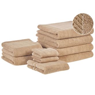 Beliani Beliani - Conjunto De 9 Toallas De Algod&oacute;n Beige Arena Chevron Textura Suave Ba&ntilde;o Mitiaro