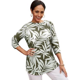 Jessica London Stretch Cotton Boatneck Tunic in Dark Olive Green Palm at Nordstrom, Size 44