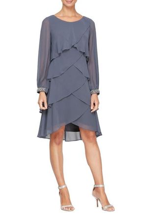 S.L. Fashions Long Sleeve Tiered Dress in Steel at Nordstrom, Size 16