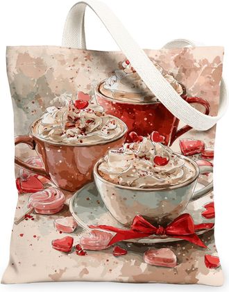 Generic ValentineS Day Coffee Cups Canvas Tote Bags, Heart Pattern Reusable Grocery Bags, Vintage Lightweight Washable Shoulder St, Beige, 13x15 Inch