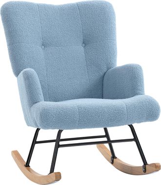 OEM Silla Mecedora De Terciopelo De Teddy Con Respaldo Alto Patas De Madera De Caucho Reposabrazos Azul Claro