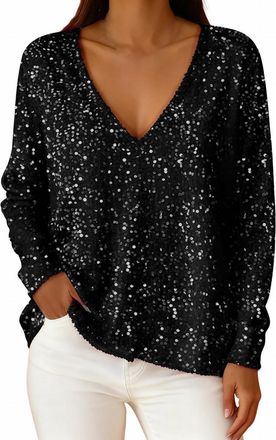 Generic Ladies Sparkly Evening Tops Glitter Top UK Trendy Long Sleeve V Neck Sparkly Sequin Tunic T Shirts Slim Fit Elegant Evening Club Going Out Holiday Blo