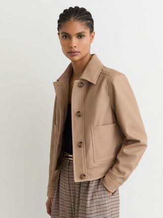 Reiss Neutral Leather Trucker Jacket, 10