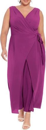 London Times Sleeveless Faux Wrap Jumpsuit in Plum Caspia at Nordstrom Rack, Size 14W