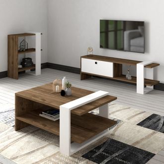 Dmora Set De Muebles Para Sala Mazzano, Modular, 7 Estantes, Una Puerta, Nogal Marr&oacute;n