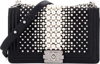 Chanel Boy Flap Bag Pearl Embellished Satin Old Medium shoulder bag - women - Other - One Size - Black