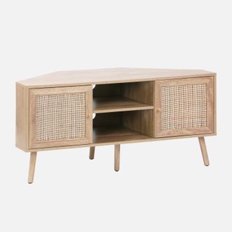 Sweeek Mueble Tv Esquinero, Madera Y Ca&ntilde;a, 2 Puertas, 1 Estante, 115cm
