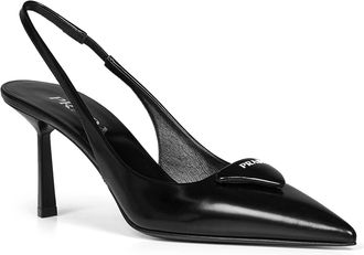 Prada Womens Slingback Pumps Brushed Black Leather Calf High Heel Shoes