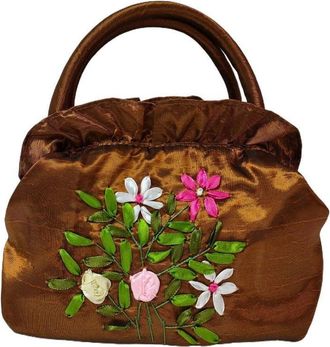 Generic Ethnic Style Tote Bag, Small Purse Wallet, Embroidery Flower Satin Silk Handbag, Zipper Flower Wrist Bag for Women Phone Cosmetic(coffee)