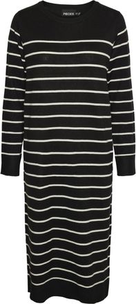 Pieces Womens Pcjoy Ls O-Neck Knit Midi Dress Mm, Black/Stripes: Cloud Dancer, S