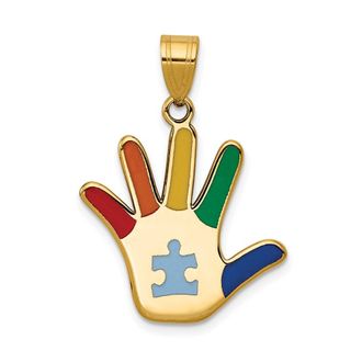 Diamond2Deal 14k Yellow Gold Enameled Autism Puzzle Piece Handprint Pendant