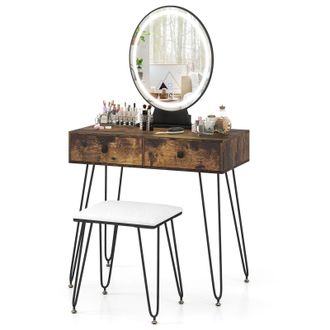 Costway Costway Vanity Set Makeup Dressing Table w/ Soft Cushioned Stool & Mirror in Brown