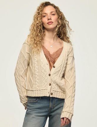 Lucky Brand Womens Boxy Cable Cardigan