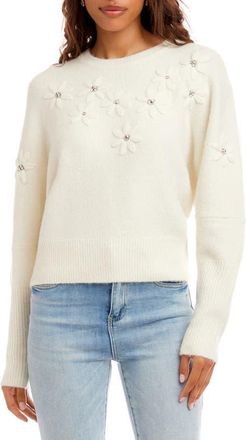 Karen Kane Embroidered Embellished Flower Sweater in Cream at Nordstrom, Size X-Large