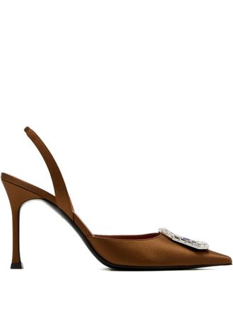 Amina Muaddi 95mm pointed-toe satin slingback pumps - Brown