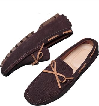 Generic Mens Loafers Shoe Deck Shoes Genuine Leather Stitching Details Round Toe 1-Eye Suede Vamp Slip Resistant Comfortable Flat Heel Prom Casual Slip-on(Bro