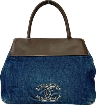 Chanel Blue Brown Denim Leather Handbag Tote Bag (Pre-Owned)