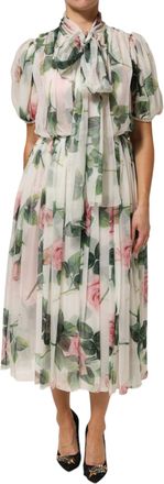 Dolce & Gabbana White Floral Print Silk Pleated Midi Womens Dress