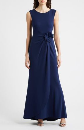 Connected Flower Appliqu&eacute; Jersey Gown in Navy at Nordstrom, Size 10