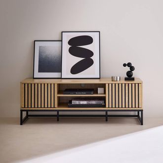 Sweeek 120cm Tv Unit Grooved Wooden Effect & Metal 2 Doors in Light Brown
