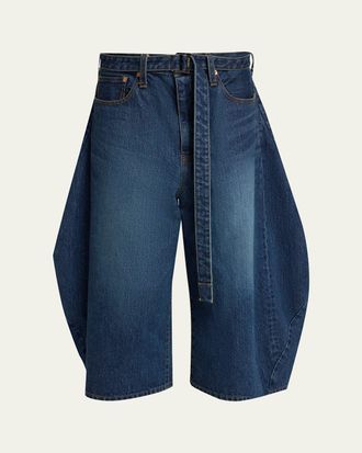 sacai Belted Denim Barrel-Leg Crop Carpenter Pants