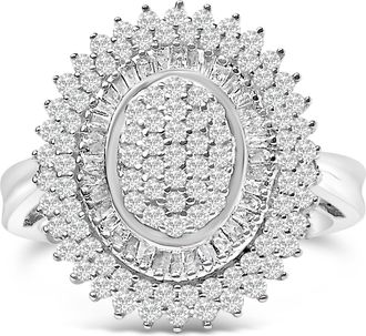 House of Brilliance Sterling Silver 2.0 Cttw Diamond Oval Halo Cocktail Ring