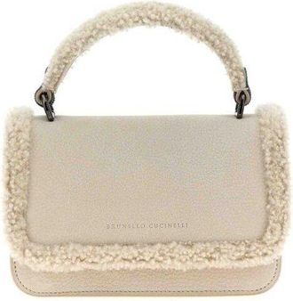 Brunello Cucinelli Womens New Lamb Shearling Trimmed Leather Bag