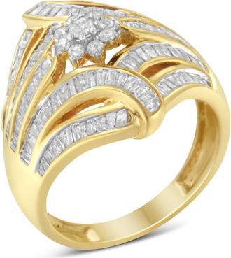 House of Brilliance Gold Over Silver 1-1/8 Ctw Diamond Flower & Fern Cocktail Ring in Yellow Gold Over Silver at Nordstrom, Size 6