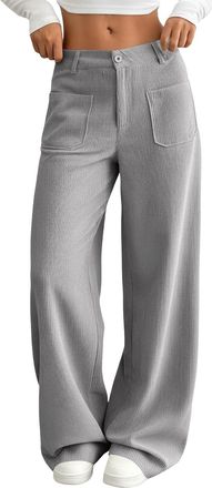 Generic Womens High Waist Wide Leg Pants Solid Colour Straight Fit Long Trousers with Front Pockets Button Closure Casual Everyday Style