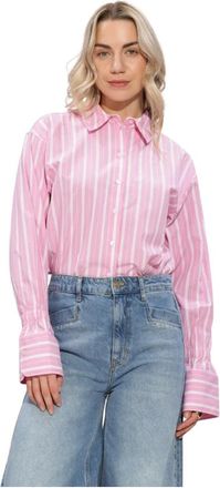 Catwalk Junkie Overhemden, Dames, Roze, M, Linnen, Gestreepte Blouse met Elastische Manchetten