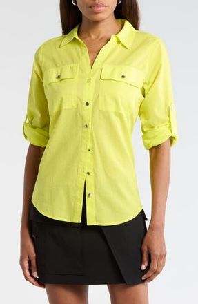 DKNY Solid Roll Sleeve Button-Up Shirt in Limeade at Nordstrom Rack, Size X-Large