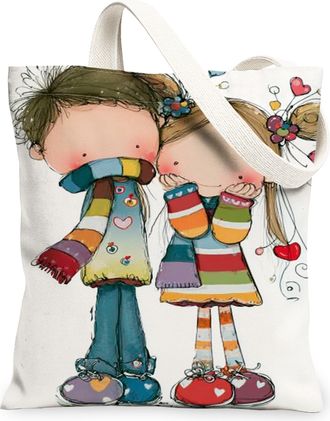 Generic Cute Multicolor Canvas Tote Bags, Adorable Characters Pattern Reusable Grocery Bags, Lightweight Washable Shoulder Strap Ca, Multicolor, 13x15 Inch