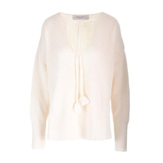 Golden Goose Truien & Vesten, Dames, Wit, S, Wol, Geribbelde wollen trui met V-hals en trekkoord met kwastjes